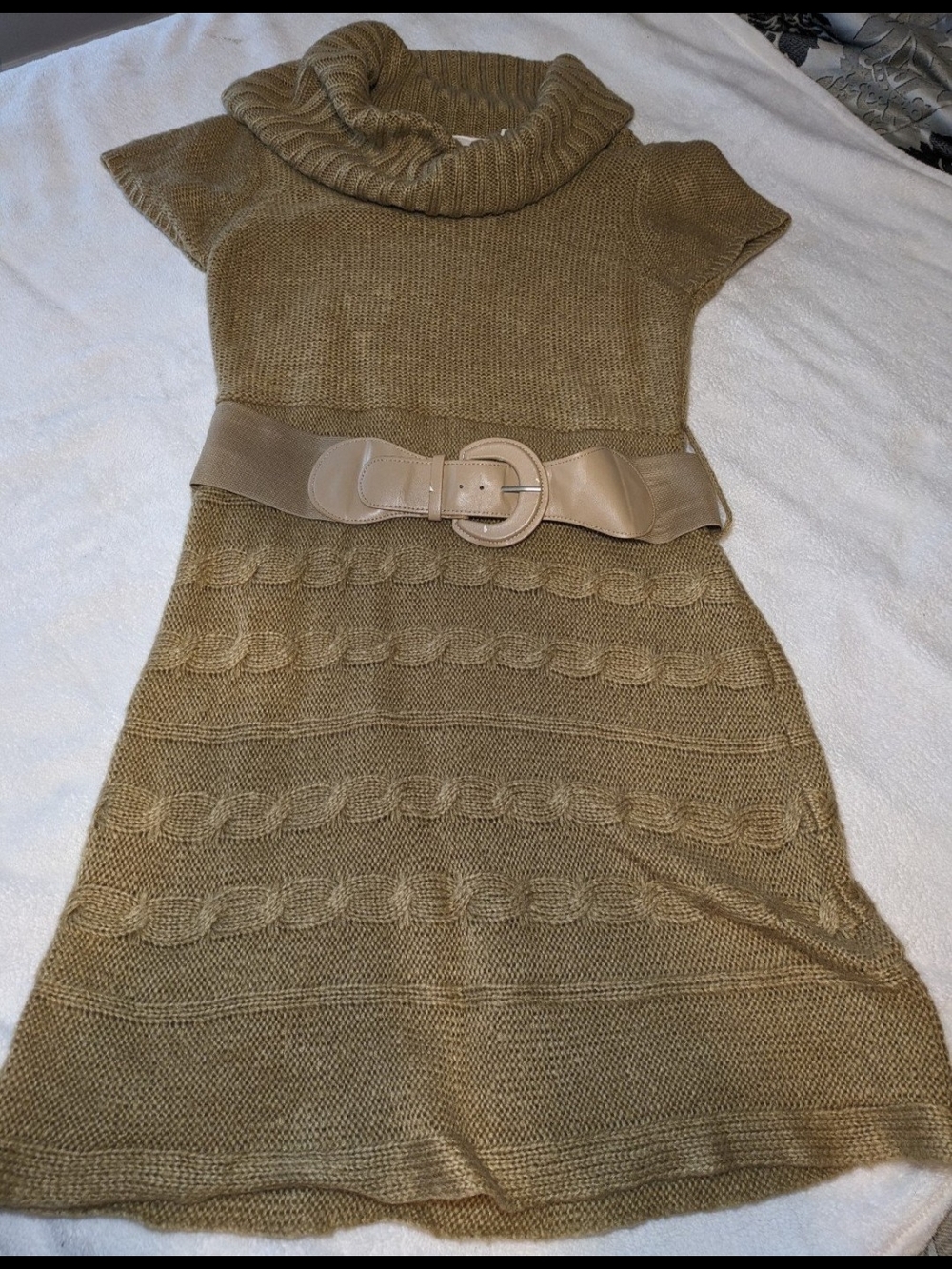 NWT Red Camel Tan Cable Knit Cowl Neck Sweater Dress with Belt - Size XL